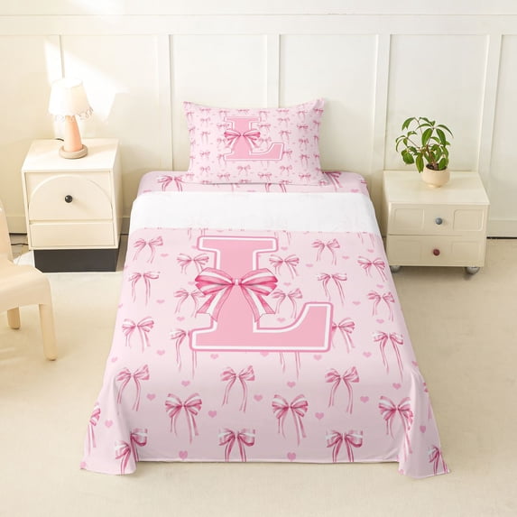 Erosebridal Pink L Personalized Initial Twin Sheet Sets 3pcs For Girls Teens,Kawaii Ribbon Bow Knot Girl Bedding