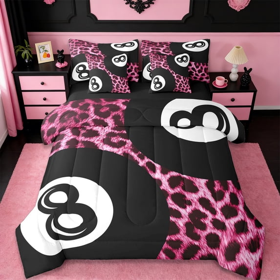 Erosebridal Pink Leopard Cheetah Print 7-Piece Twin Bedding Sets,Billiard Sport Ball Games Bedding Comforter Set For Girls Teens,Reversible