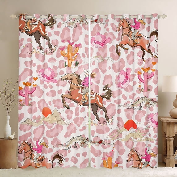 Erosebridal Pink Leopard Cowgirl Horse Cactus Print Black Out Curtains, Western Style Curtains Pack of 2 (42x63 Each) for Girls