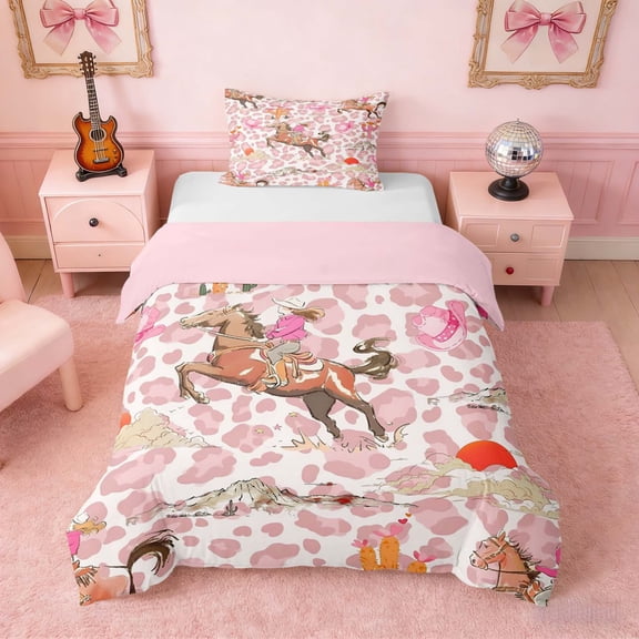 Erosebridal Pink Leopard Cowgirl Horse Cactus Print Twin Bedding, Western Style Duvet Cover Set for Girls, Pink Reversible 2 Pieces, 1 Duvet Cover and 1 Pillowcase