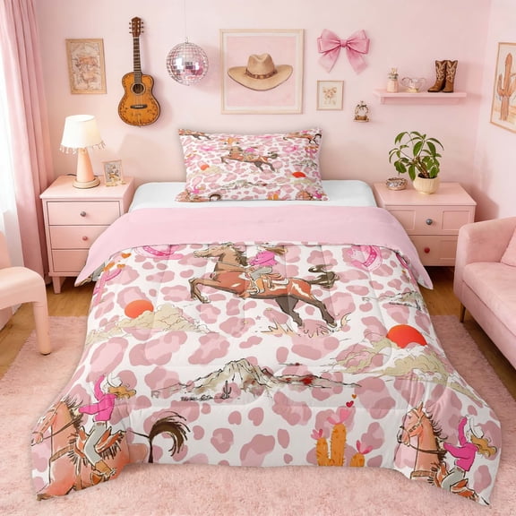 Erosebridal Pink Leopard Cowgirl Horse Cactus Print Twin Comforter Sets, Western Style Bedding Set for Girls, Pink Reversible 2-Piece, 1 Comforter and 1 Pillowcase