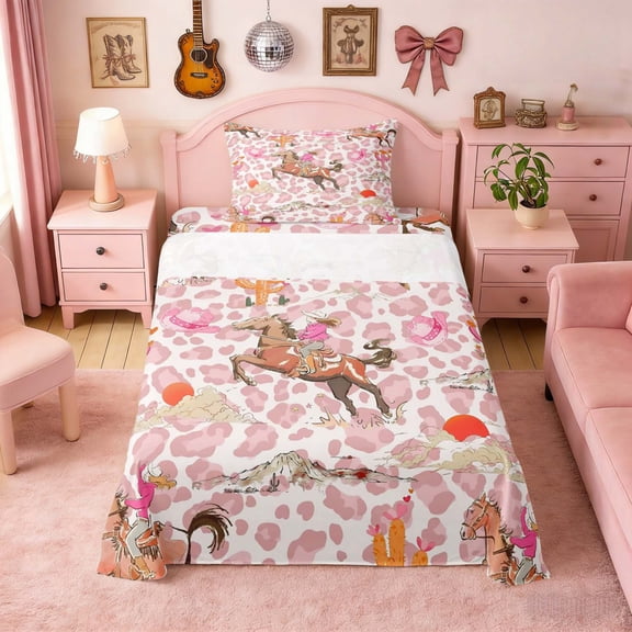 Erosebridal Pink Leopard Cowgirl Horse Cactus Print Twin Sheet Sets, Western Style Bedding for Girls, 1 Flat Sheet, 1 Fitted Sheet and 1 Pillowcase