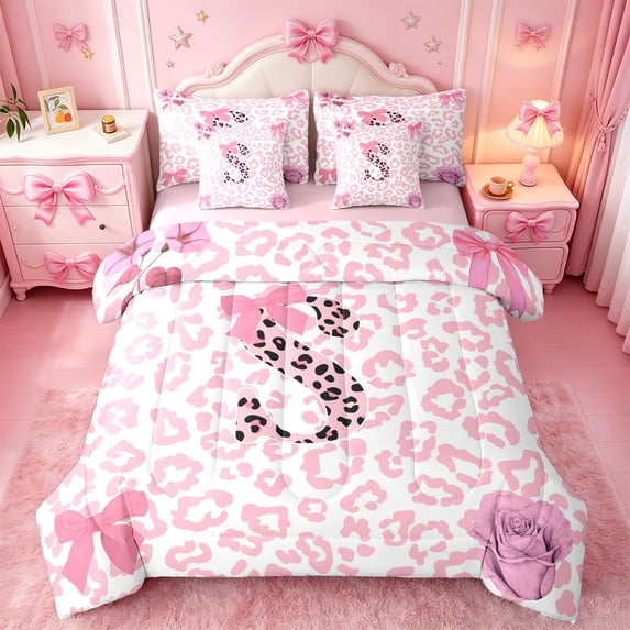 Erosebridal Pink Leopard Letter S Initial Lettering 7 Pieces Bedding Comforter Set For Girls Kids,Lovely Bow Tie Full Bedding Set,Pink Reversible