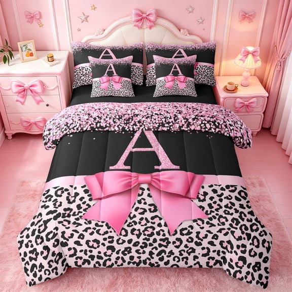 Erosebridal Pink Leopard Print 7pcs Bedding Comforter Set,Chic Glitter Print A Alphabet Queen Bedding Sets For Kids Girls,Black Reversible
