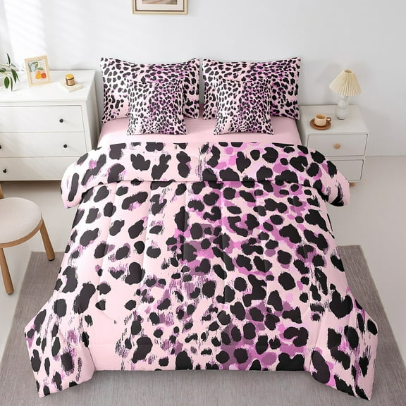 Erosebridal Pink Leopard Print Bed in a Bag Twin size, Cheetah Bed Set, Wildlife Animal Reversible Bedding Twin Size, Microfiber Bedroom Decoration, 7pcs