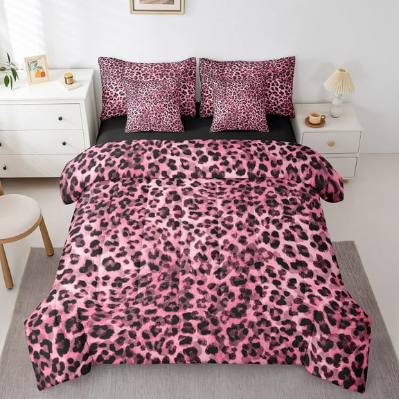 Erosebridal Pink Leopard Print Bedding Sets Twin Size, Cheetah Comforter Sets with Sheets, Wildlife Animal Reversible Bedding Twin Size, Microfiber Bedroom Decoration, 7pcs