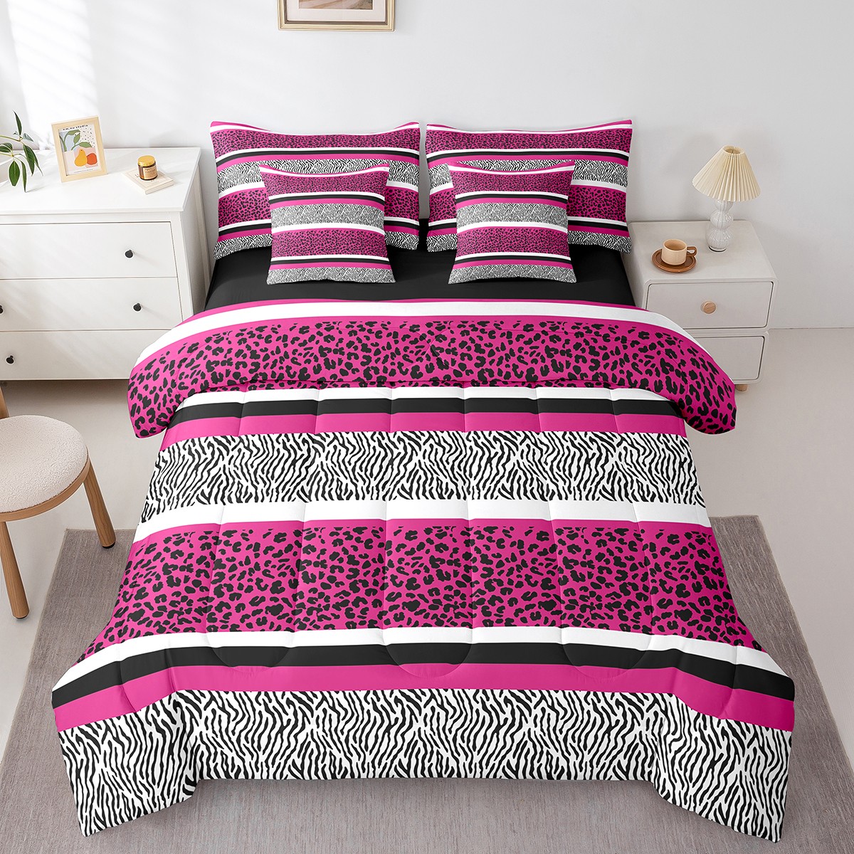 Erosebridal Pink Leopard Print Bedding Sets Twin Size, Wildlife Zebra ...