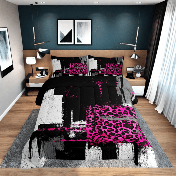 Erosebridal Pink Leopard Print Bedding Twin Comforter Set, Chic Abstract Ombre Down Comforter, Mid Century, Ultra Soft 2pcs