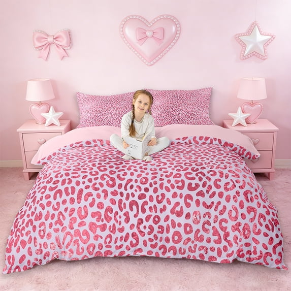 Erosebridal Pink Leopard Print Girls Queen Duvet Cover Set,Chic Cheetah Pattern Bedding For Women Adults,Reversible Pink,3-Piece(No Comforter)
