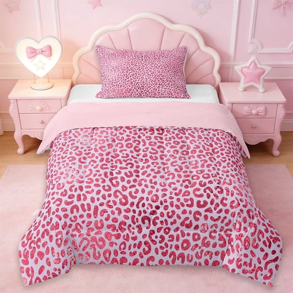 Erosebridal Pink Leopard Print Girls Twin Comforter Sets,Chic Cheetah Pattern Bedding Set For Women Adults,Reversible Pink,2 Pieces