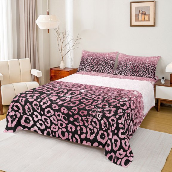 Erosebridal Pink Leopard Print Glitter Print Full Size Sheets 4-Piece For Girls,Abstract Cheetah Print Bed Sheets For Teens