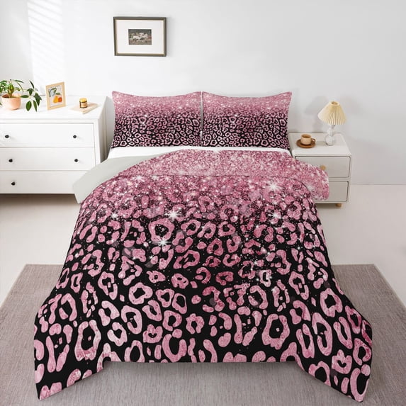 Erosebridal Pink Leopard Print Glitter Print Queen Comforter Set 3pcs For Girls,Abstract Cheetah Print Bedding Comforter Set For Teens,Grey Reversible