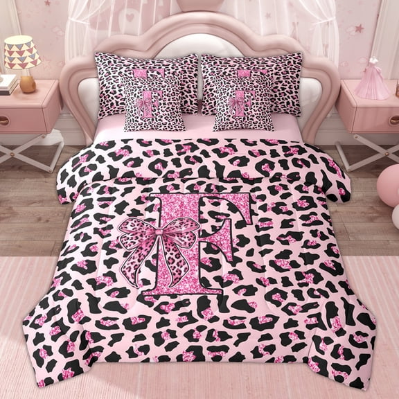 Erosebridal Pink Leopard Print Kid Bedding Comforter Set, Bling Initial F Letter Full Bedding Set, 7pcs