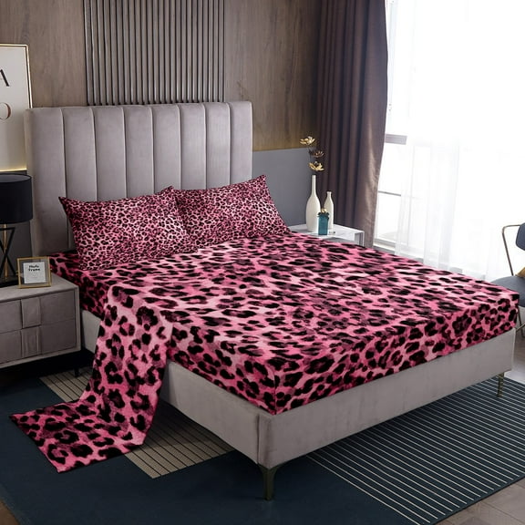 Erosebridal Pink Leopard Print Sheet Set Twin, Cheetah Bedding Sets Twin Size, Wildlife Animal Twin Sheet Sets, Microfiber Bedroom Decoration, 3pcs
