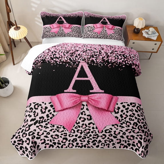 Erosebridal Pink Leopard Print Twin Quilt Set,Chic Glitter Print A Alphabet Twin Coverlet Set For Kids Girls,2-Piece