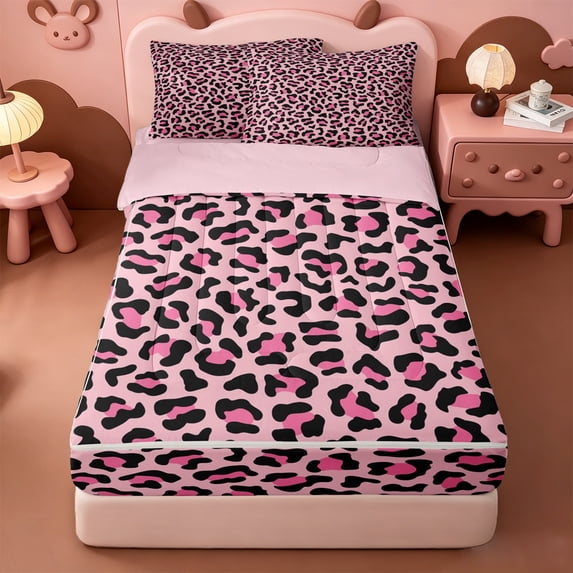 Erosebridal Pink Leopard Print Zipper Queen Comforter Set with Fitted Sheet and 2 Pillowcases,Wild Animals Cheetah Pattern Zipper Bedding Set For Girls,Pink Reversible,4pcs
