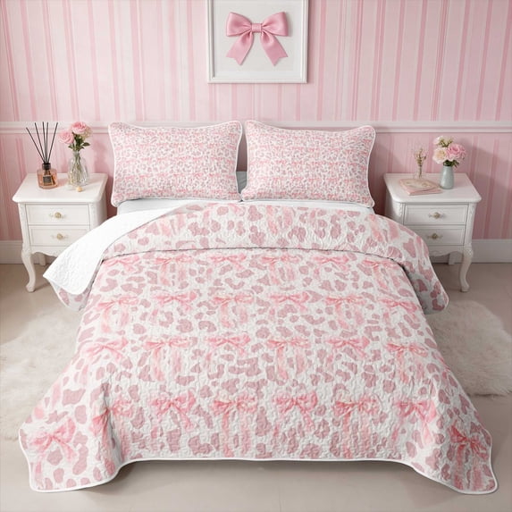 Erosebridal Pink Leopard Satin Bow Twin Quilt Set for Girls, Girly Cheetah Animal Print Twin Coverlet Set, 2 Pieces 1 Bedspread and 1 Pillowcase