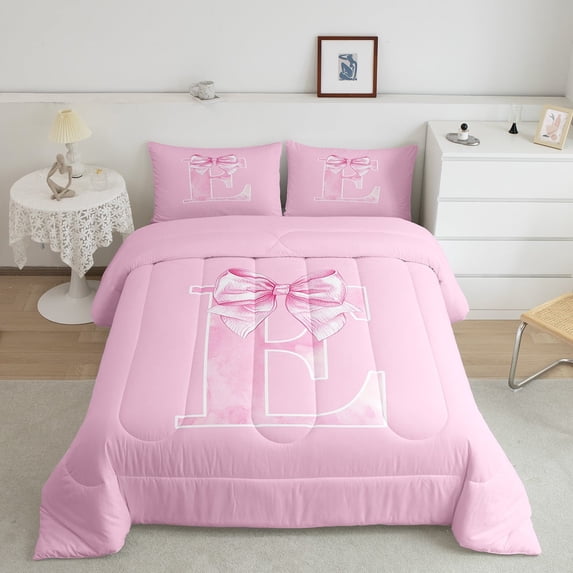 Erosebridal Pink Letter E Bedding Sets Twin with Comforter, Monogrammed A to Z Duvet Insert, Chic Bow Decor, Breathable 2 Pieces