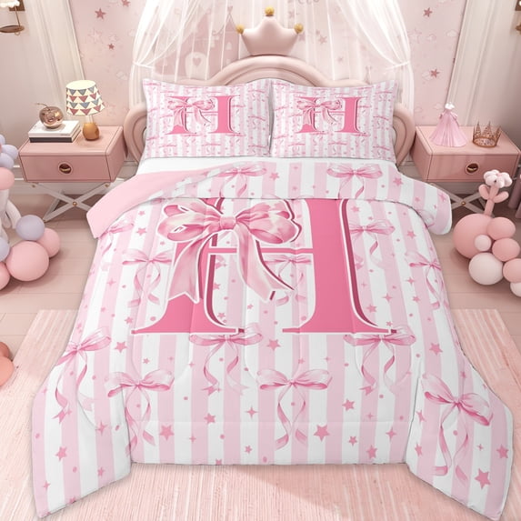Erosebridal Pink Letter H Monogrammed Full Size Comforter Sets,Dreamy Princess Bowknot Bedding Sets For Girls Kids,Pink Reversible,3-Piece