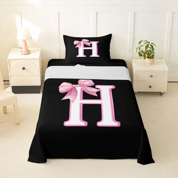 Erosebridal Pink Letter H Monogrammed Kids Twin Sheet Sets,Cute Bowknot Bedding For Bows Lover 3 Pieces