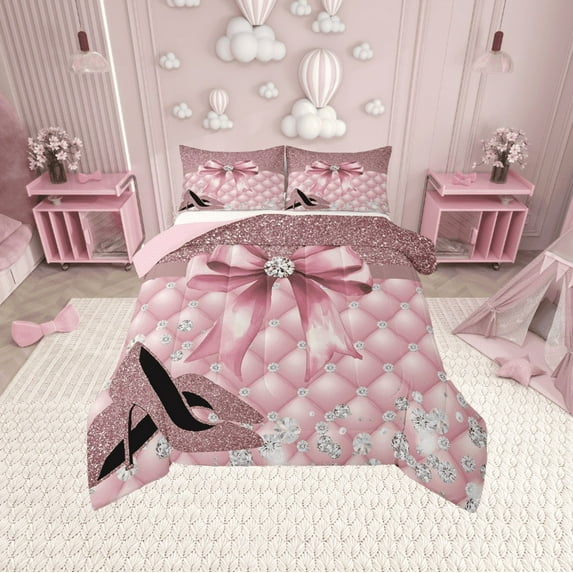Erosebridal Pink Bowknot High Heels Bedding Twin Comforter Set,Dreamy Princess Down Comforter,Breathable Reversible Bedding Sets Twin with Comforter,Bling Room Decorative,3pcs