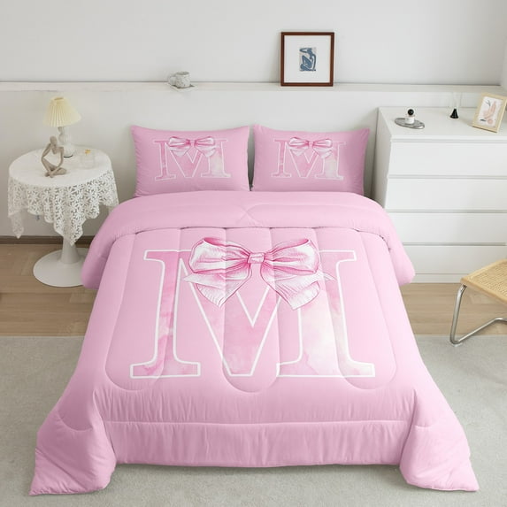 Erosebridal Pink Letter M Comforter Sets Queen Size, Monogrammed A to Z Comforters & Duvets, Chic Bow Decor, Super Cozy 3-Piece