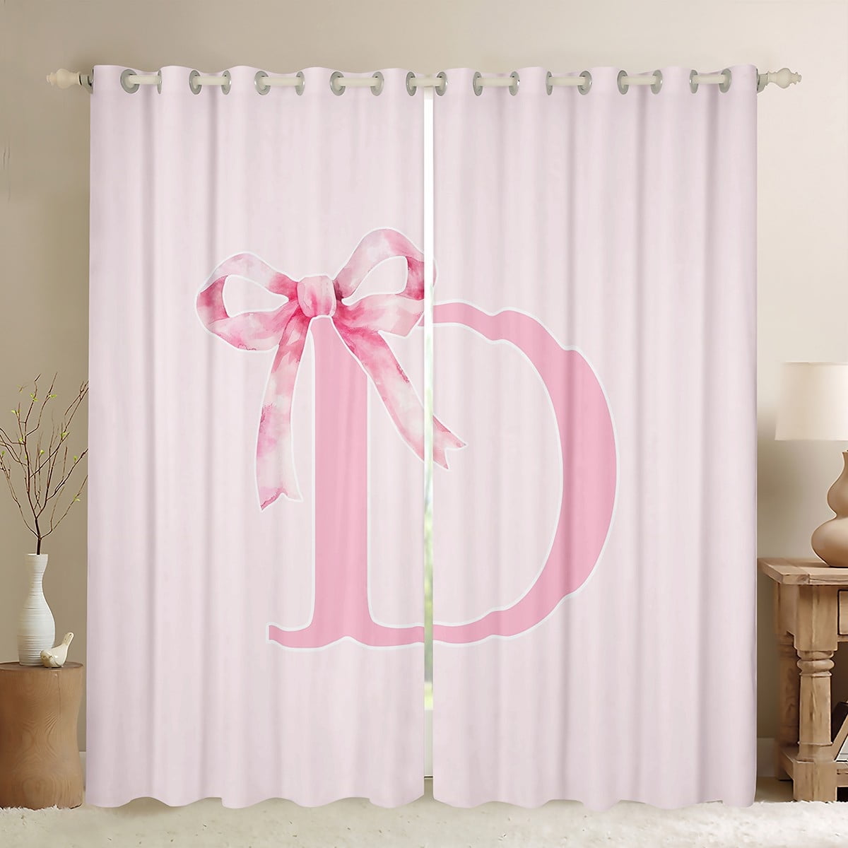 Erosebridal Pink Letter Personalized Curtains for Living Room,Bowknot Initial 30%-50% Blackout Curtains Set of 2 (38Wx45L),Kawaii Decor
