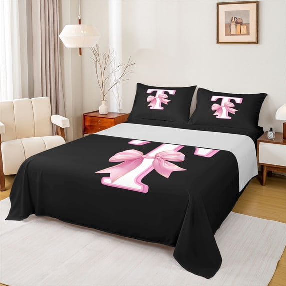 Erosebridal Pink Letter T Monogrammed Kids Bed Sheets,Cute Bowknot King Sheets For Bows Lover 4-Piece