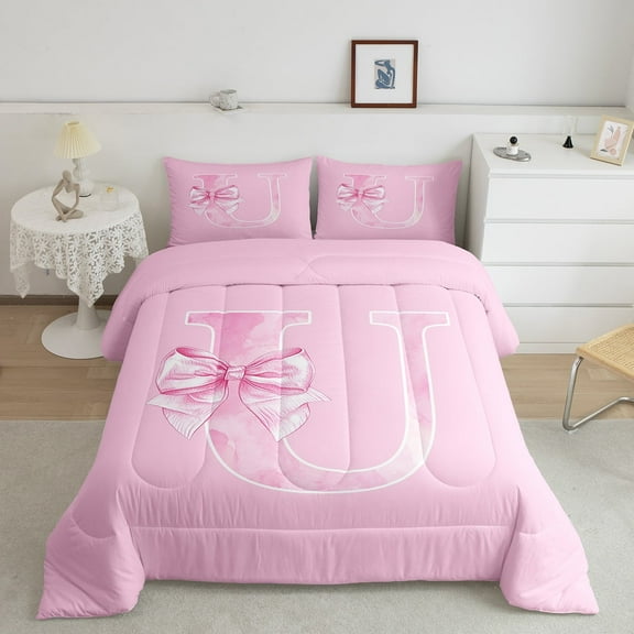 Erosebridal Pink Letter U Comforter Sets Twin Size, Monogrammed A to Z Comforters & Duvets, Chic Bow Decor, Ultra Soft 2-Piece