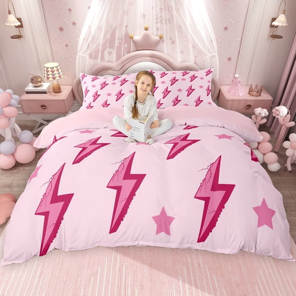 Erosebridal Pink Lightning Queen Duvet Cover Set for Girls, Glitter Stars Bedding, Pink Reversible, 1 Duvet Cover and 2 Pillowcases (No Comforter)