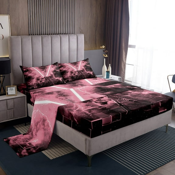 Erosebridal Pink Lightsaber Bed Sheets Set Twin Size, Futuristic Rectangle Bed Sheets Twin, Lightning Decor
