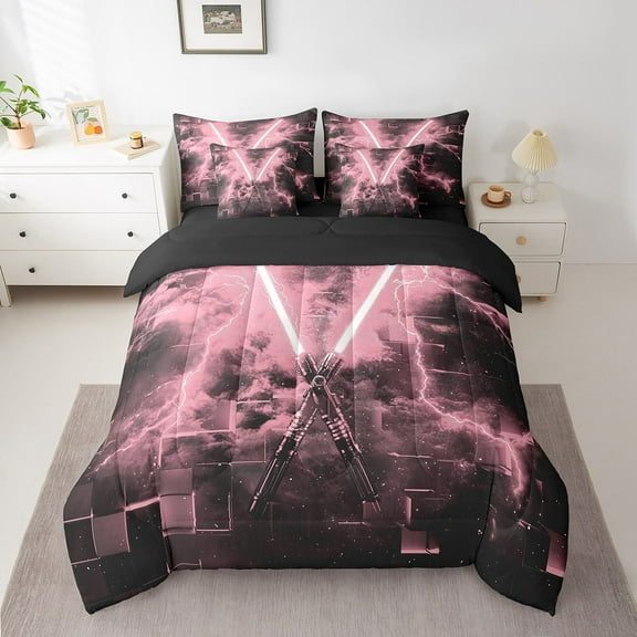 Erosebridal Pink Lightsaber Bedding Sets Twin Size, Futuristic Rectangle Comforter Sets with Sheets, Lightning Decor, Reversible