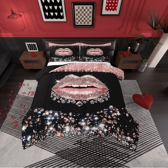 Erosebridal Pink Lip Bedding Twin Comforter Set,Bling Glitter Down Comforter,Sparkling Crystal Bedding Sets Twin with Comforter,Microfiber Female Bedroom Decor,Reversible,2-Piece