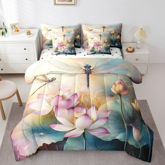 Erosebridal Pink Lotus Bed in a Bag Queen size, Dragonfly Animal Bed Set, Rustic Lake Decor, Reversible