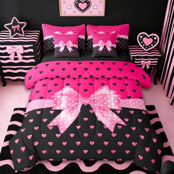 Erosebridal Pink Loves Pattern 7-Piece Twin Bedding Sets For Kids,Polka Dot Print Bows Girl Bedding Comforter Set,Reversible black