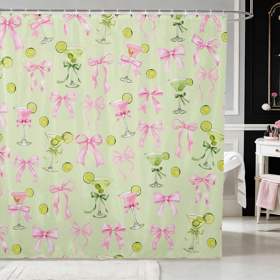Erosebridal Pink Martini Glass Bow Shower Curtain 72Wx84L for Girls, Girly Cocktail Olive Cherry Waterproof Bathroom Shower Curtain