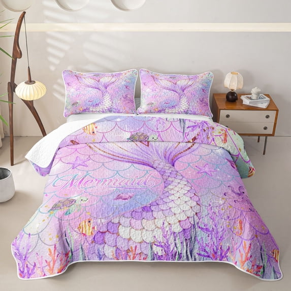 Erosebridal Pink Mermaid Tail Twin Quilt Set for Girl, Marine Animal Twin Coverlet Set, 2pcs