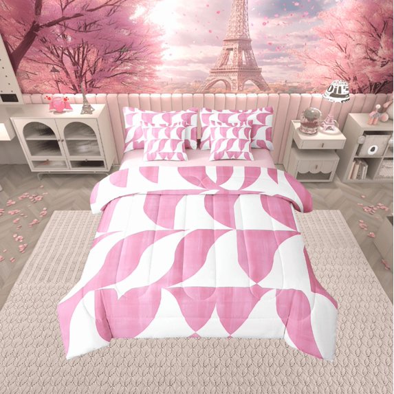 Erosebridal Pink Minimalst Bedding Sets Twin Size,Abstract Geometric Comforter Sets with Sheets,Vintage Aesthetic Bed in a Bag Twin size,Microfiber Teenager Bedroom Decor,Reversible,7-Piece