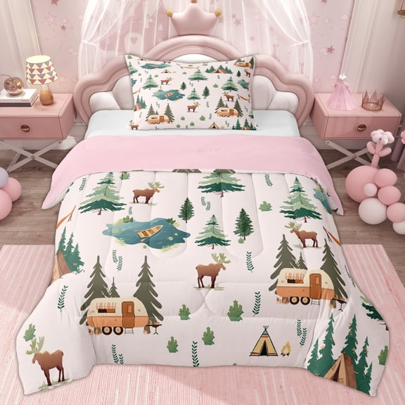 Erosebridal Pink Moose RV Car Camping Twin Comforter Sets, Lake Tent Outdoor Bedding Set for Men and Women, 2 Pieces