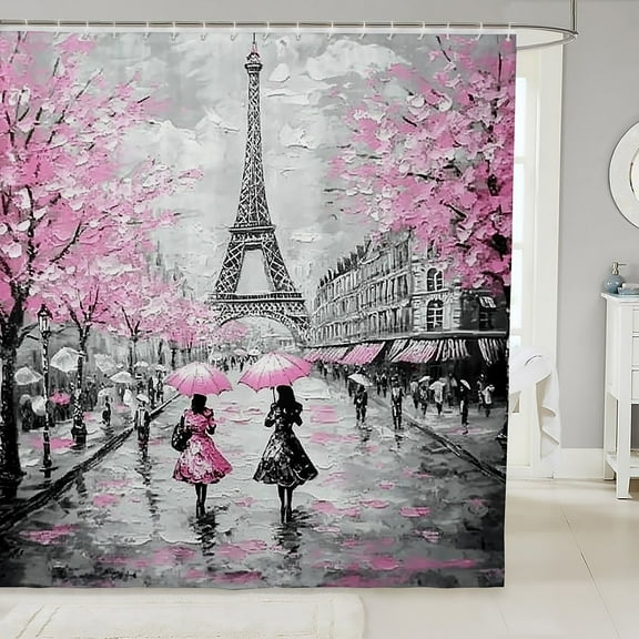 Erosebridal Pink Paris Eiffel Tower Bathroom Waterproof Accessories with 12 Hooks French Style Fabric Shower Curtain Couple Lover Flower Shower Curtain Romantic Curtains,72x72 Inches