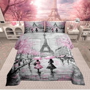 Erosebridal Pink Paris Eiffel Tower Comforter Set Full Size French Style Couple Lover Flower Bedding Sets Women Quilted Duvet 1 Comforter + 2 Pillow Cases Romantic Bedroom Decor