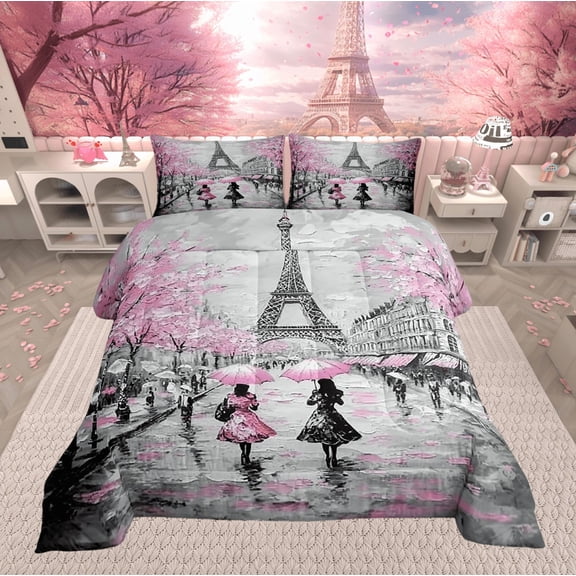 Erosebridal Pink Paris Eiffel Tower Comforter Set Queen Size French Style Couple Lover Flower Bedding Sets Women Quilted Duvet 1 Comforter + 2 Pillow Cases Romantic Bedroom Decor