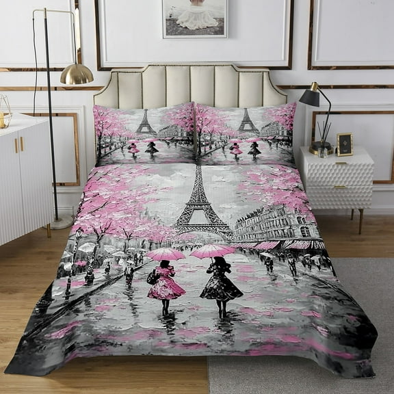 Erosebridal Pink Paris Eiffel Tower Coverlet Set French Style Bedspread Couple Lover Flower Bedspread Romantic Quilted Room 3Pcs Queen Size