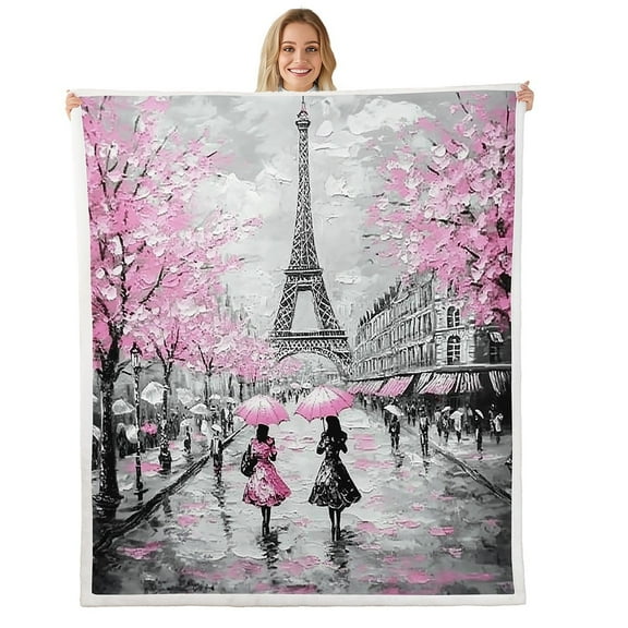 Erosebridal Pink Paris Eiffel Tower Plush Blanket French Style Fleece Throw Blanket Couple Lover Flower Sherpa Blanket Romantic Fuzzy Blanket for Sofa Bed Couch,Throw 50x60 Inches