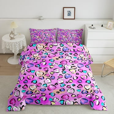 Erosebridal Pink Pastel Leopard Print Comforter Set Twin Purple Animal Printed Bedding Set, Cute Love Hearts Bedding Comforter Sets Watercolor Duvet, Safari Leopard Quilted Comforter Girly Decor