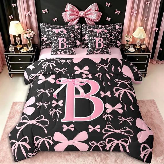 Erosebridal Pink Personalized Initial B Bedding Comforter Set 7-Piece,Cartoon Dreamy Bow Knot King Bedding Sets,Pink Reversible,Lightweight Room Decor