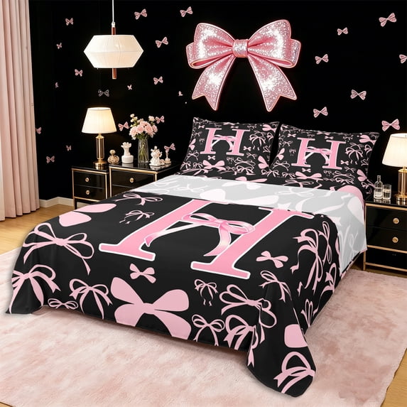 Erosebridal Pink Personalized Initial H Bed Sheets 4pcs,Cartoon Dreamy Bow Knot King Sheets,Microfiber Bedroom Decor