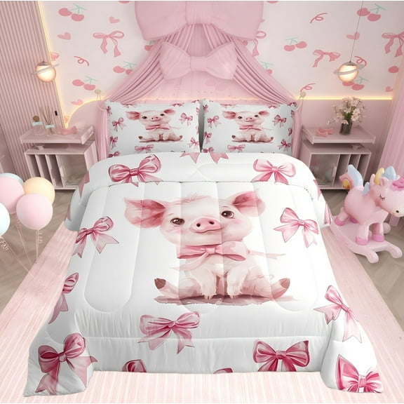 Erosebridal Pink Pig Bedding Twin Comforter Set, Kawaii Animal Down Comforter, Princess Style Decor, Super Cozy 2 Pieces