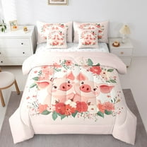 Erosebridal Pink Pig Bedding Twin Size, Flower Floral Bed Set, Cartoon Animal Reversible Bedding Sets Twin Size, Ultra Soft Bedroom Decorative, 7-Piece