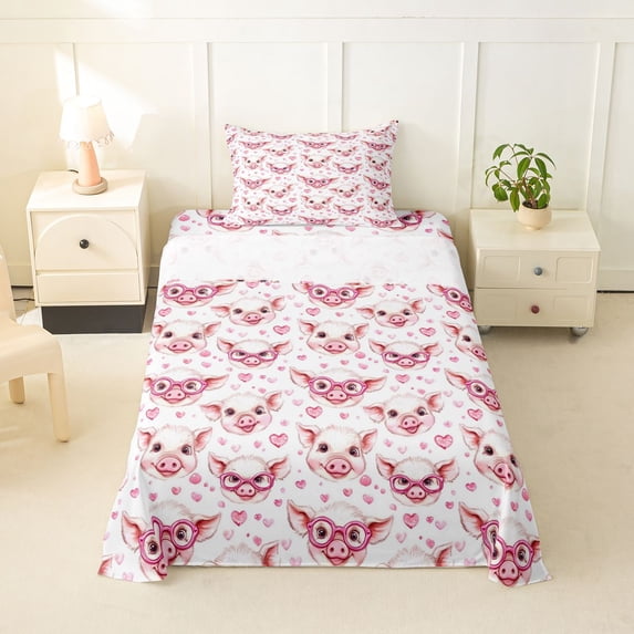 Erosebridal Pink Pigs Twin Sheet Sets,3D Heart Print Bedding For Girls 3 Pieces